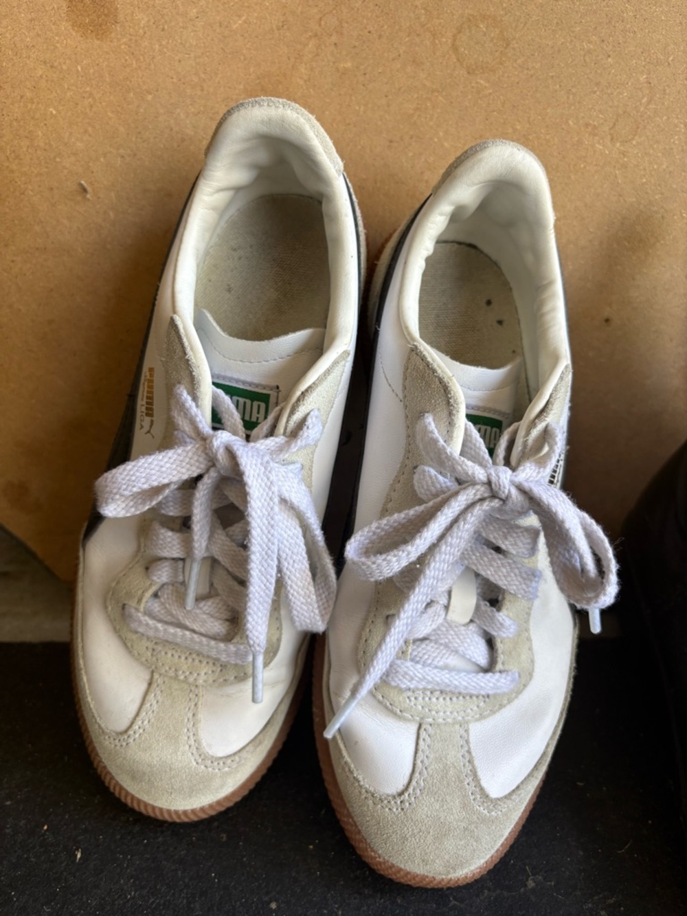 Puma White Sneakers with Beige Suede and Gum Sole